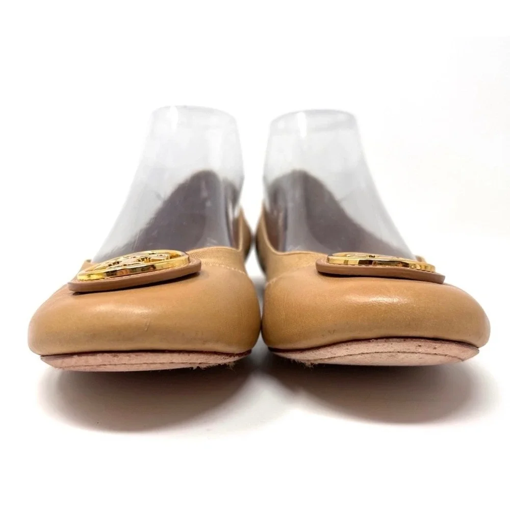 Tory Burch Caroline Beige Leather Elastic‎ Logo Ballet Flats Size 8.5